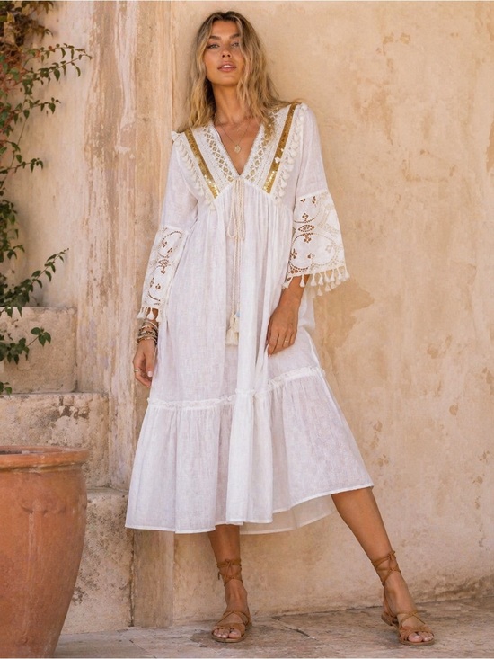 Dresses & Skirts - D95. Boho White Gauze Midi Dress with Gold Trim